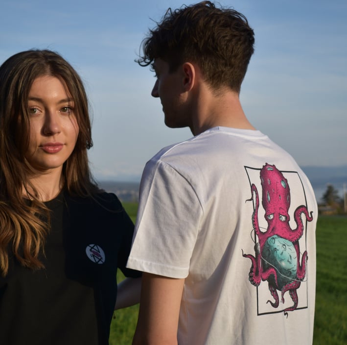 Male and female models wearing personalized t-shirts featuring a graphic octopus print