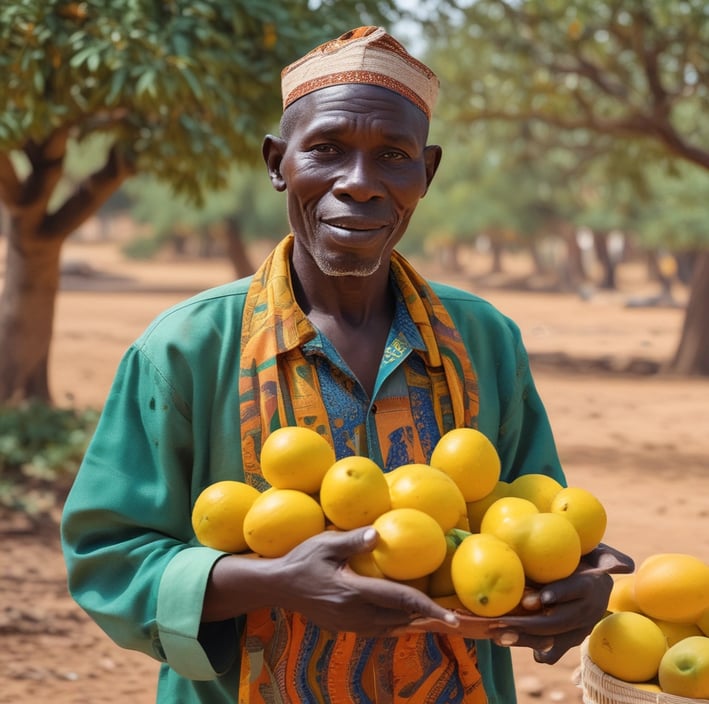 A person is tending to a garden, spreading organic material onto the soil between rows of young plants. The setting is a well-organized farm with various types of plants growing in parallel rows. A wheelbarrow filled with similar organic material is visible nearby.