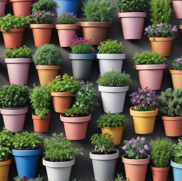 A collection of gardening tools rests in a small ceramic pot beside a larger plant pot filled with soil and green stems. A plastic container with soil is placed nearby. The scene suggests an indoor gardening setup with a focus on planting or potting activities.