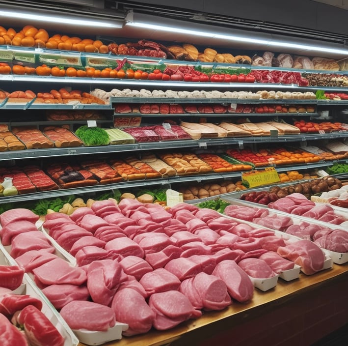 An aisle in a supermarket with mostly empty shelves labeled with price tags, indicating low stock or high demand. A person with a shopping cart stands in front of a well-stocked refrigerated section containing various groceries. Overhead signs display categories such as butter, cheese, and drinks.