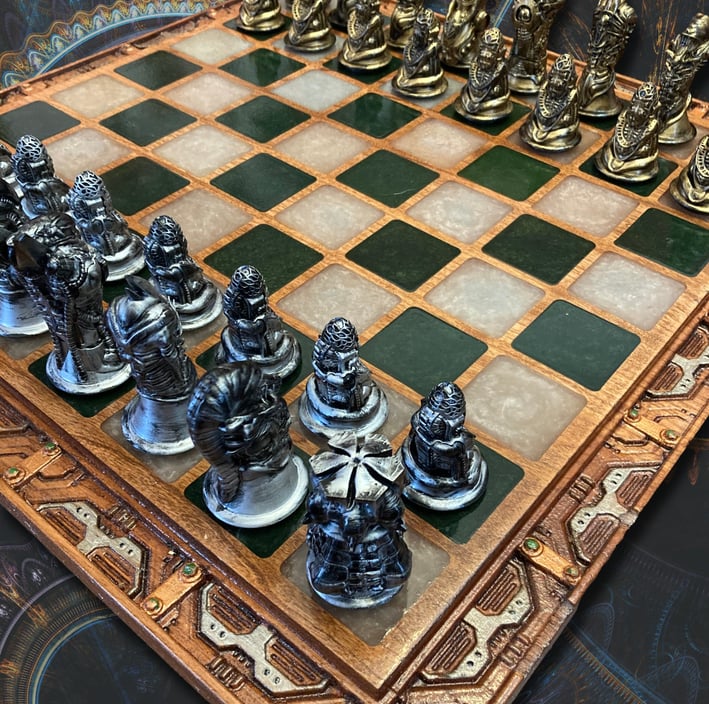 Bio Mech Steampunk Chess Set we made in 2024