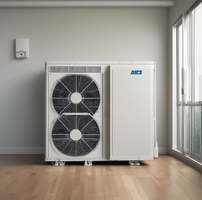 A modern, rectangular air conditioning or heating unit with the logo 'alpha innotec' is installed outside a building with a dark gray brick exterior. The unit is positioned against a light concrete wall, and there is overgrown grass along the edge of the pavement.