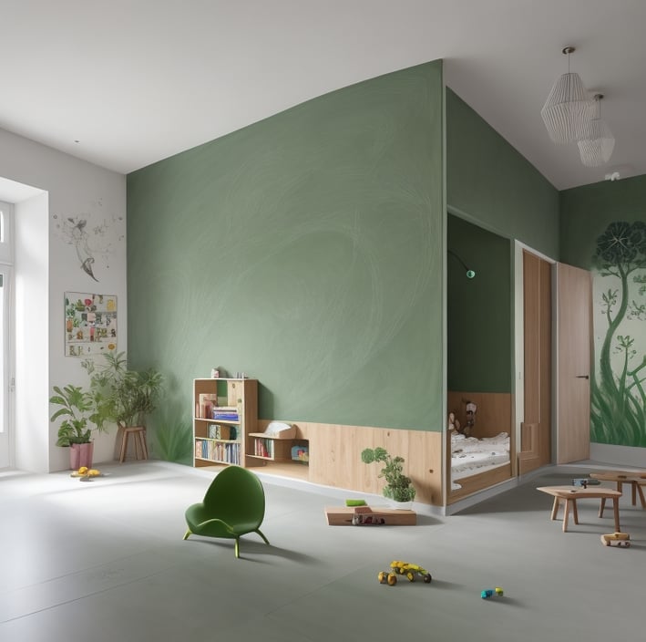 a room with a green chair and a green chair