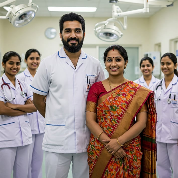A group of medical staff, consisting of doctors and nurses, standing in a hospital, showcasing teamw