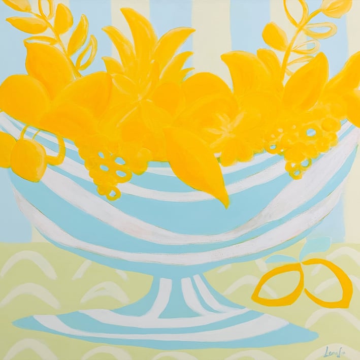 a painting of a bowl of flowers and fruit, still life painting, original art by Lena Sin
