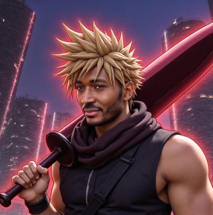 Portrait photo transformed into a comic painting of a man with a sword like a character from comic