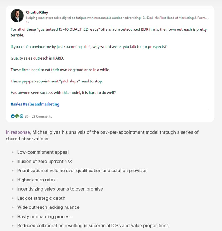 Screenshot of a LinkedIn post and Michael's response in the article, B2B Appointment Setting Costs &