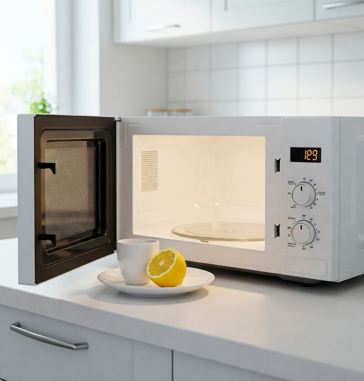 Microondas limpio y abierto con interior brillante, medio limón y taza con agua sobre un plato