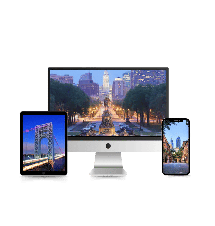 Screens displaying iconic Philadelphia and New Jersey locations, emphasizing local real estate photo