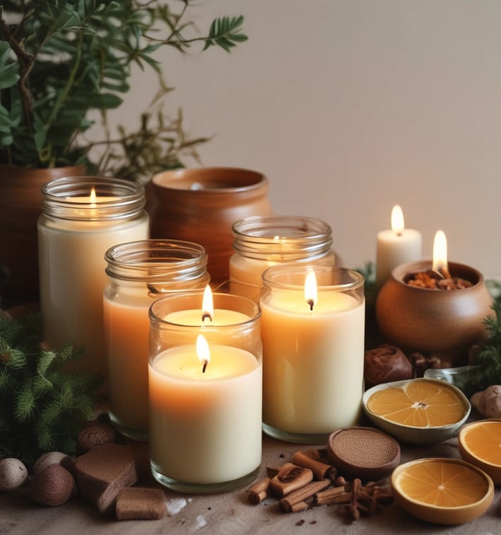 Four scented candles in jars are arranged in a row on a wooden table. Each jar is labeled with a different fragrance, including Fresh Mahogany, Sweet Pumpkin Pie, Amber, and Cedar And Saffron. The background features a wicker sofa and a brick wall.