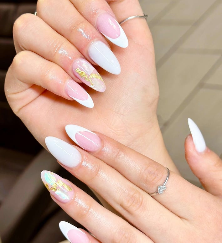 white nails with gold foil
