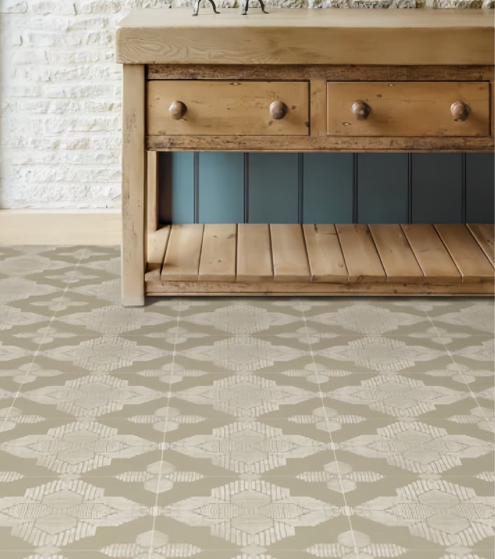 grey and green and white printed peel and stick flooring with a wooden countertop