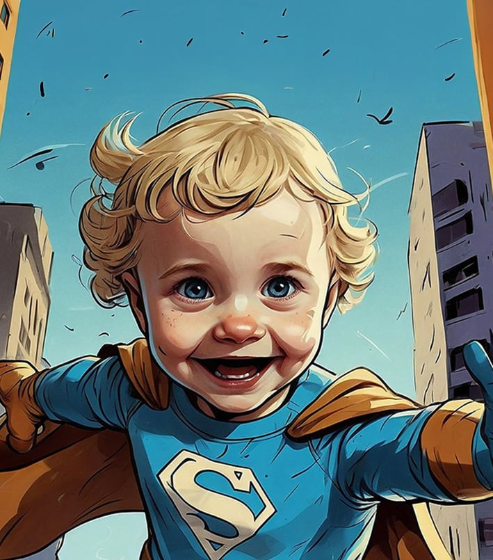 Portrait photo transformed into a cartoonish looking kid in a superman costume