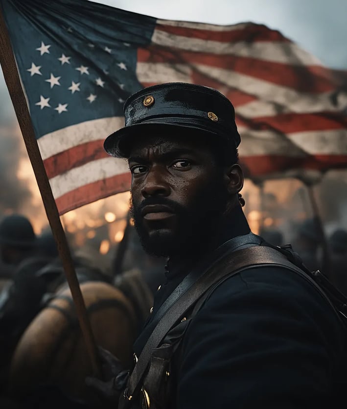 Black soldier holding the American flag aloft, even as his fellow troops fall around him