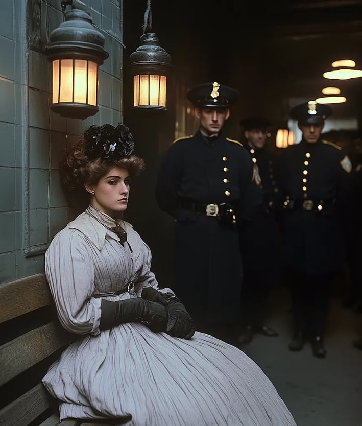 New York City police station in 1904. The arrested woman sits defiantly on a wooden bench