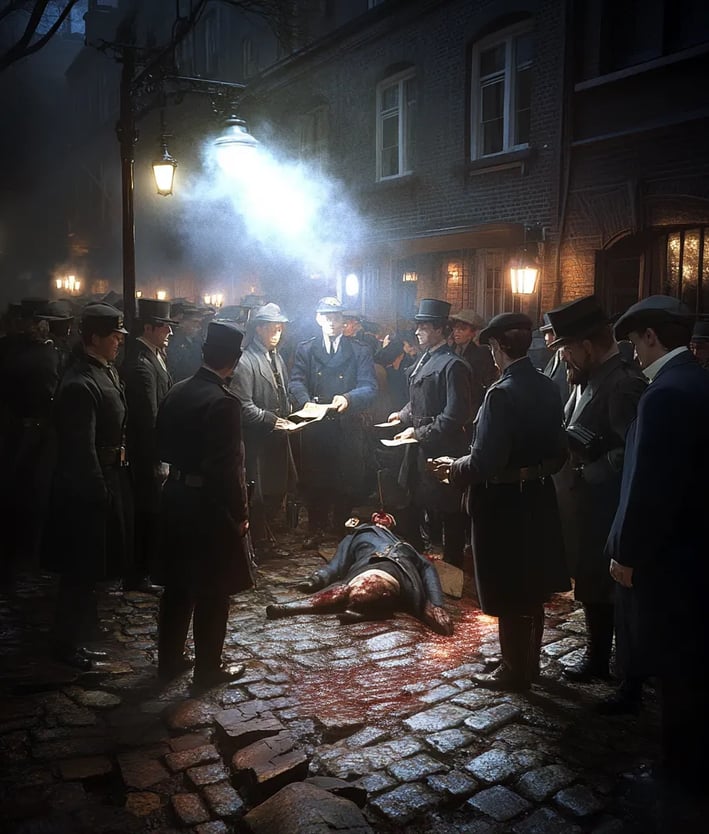 haotic scene as police officers and horrified bystanders gather around the body of Catherine Eddowes