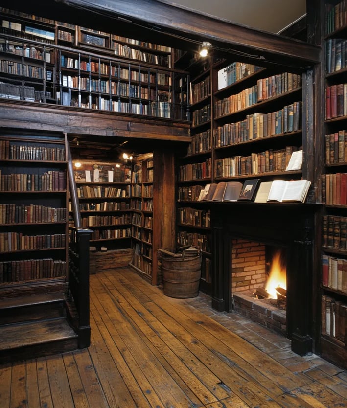 1851 Boston bookshop lined with mahogany shelves, stack of freshly printed "Moby-Dick