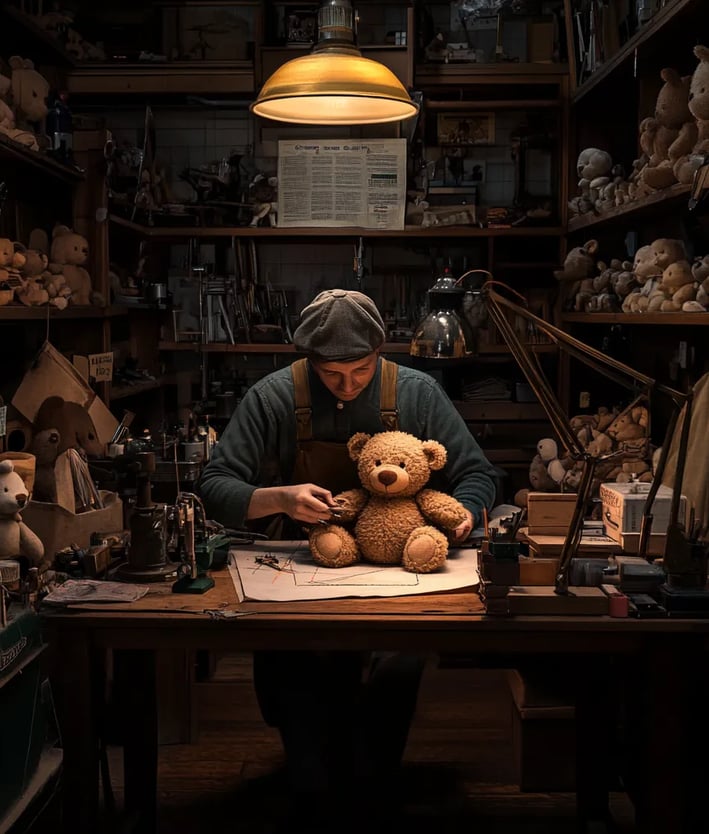 1902 Brooklyn toy store workshop, Morris Michtom carefully sewing the first teddy bear