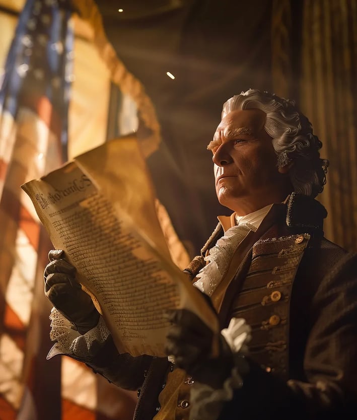 President Washington holding the proclamation, with intricate details of the parchment and his forma