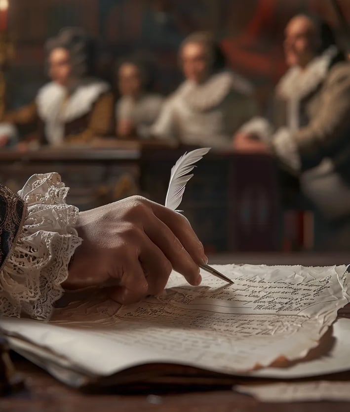 A close-up of the signing of the Bill of Rights. President Washington’s hand holds a quill