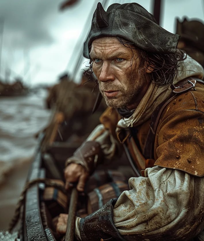 Dutch rebel aboard a small boat, steering through the flooded plains with a determined expression