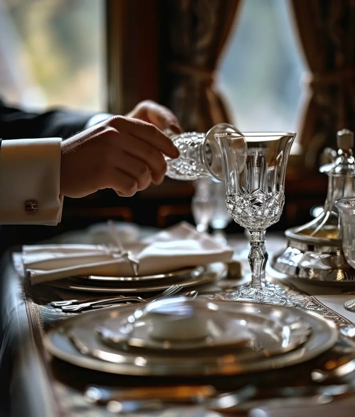 finely set table in the train's dining car. Crystal glasses, silver cutlery, and fine china