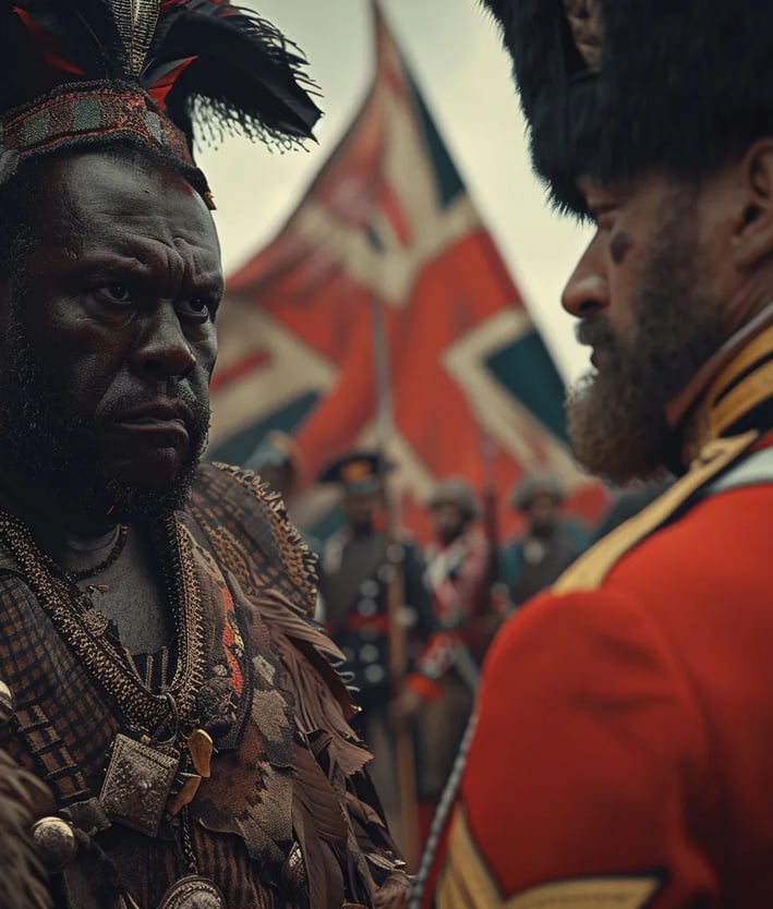 Ashanti chief in elaborate traditional attire negotiating surrender with a British officer