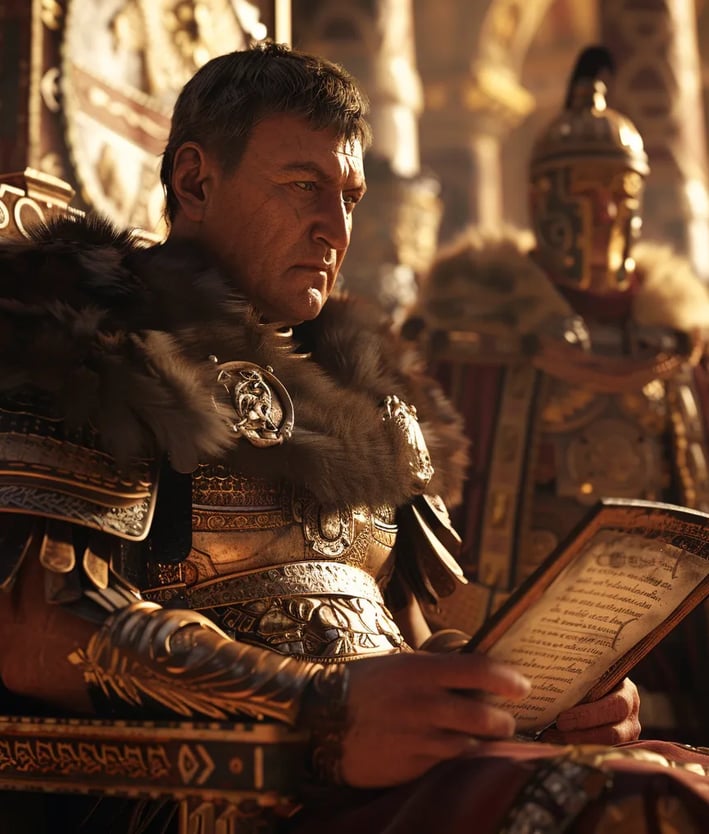 Emperor Theodosius I seated on an ornate Roman chair, holding a scroll symbolizing the treaty