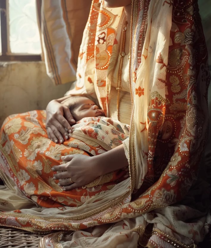 Gandhi as an infant, swaddled in traditional fabric and cradled by his mother