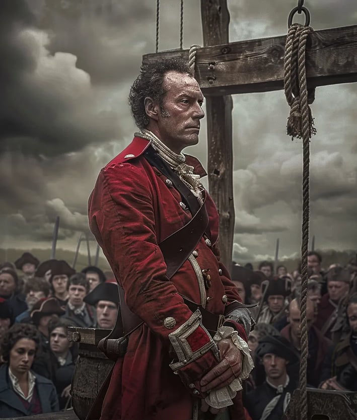 A close-up of John André moments before his execution, dressed in a red British officer’s coat