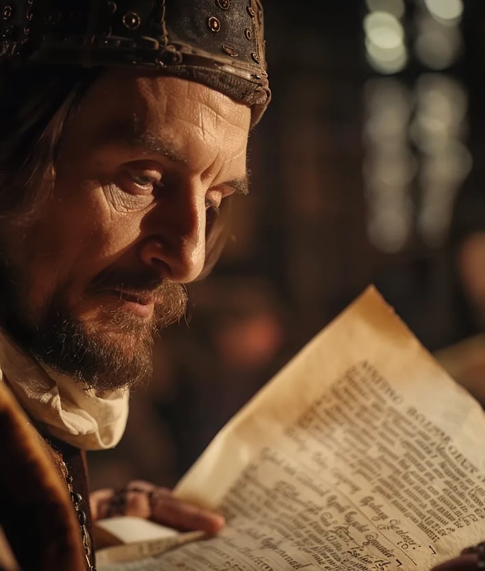 Myles Coverdale reviewing a freshly printed page of the Bible