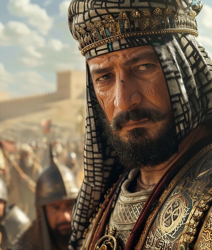A close-up of Sultan Saladin during the Siege of Jerusalem, wearing ornate 12th-century armor
