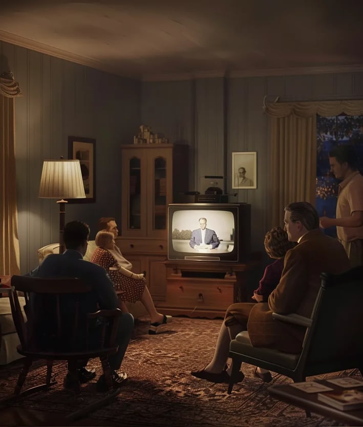 American family in the 1940s sitting in their living room, watching Truman’s address