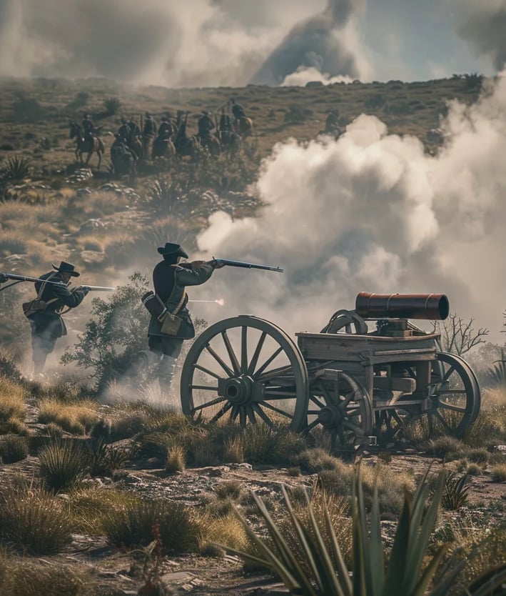 Texan settlers firing the first shots during the Battle of Gonzales