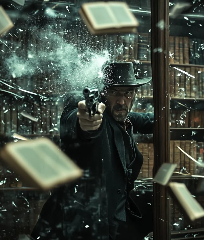 anarchist gunman raising pistol behind Canalejas near a display of leather-bound volumes
