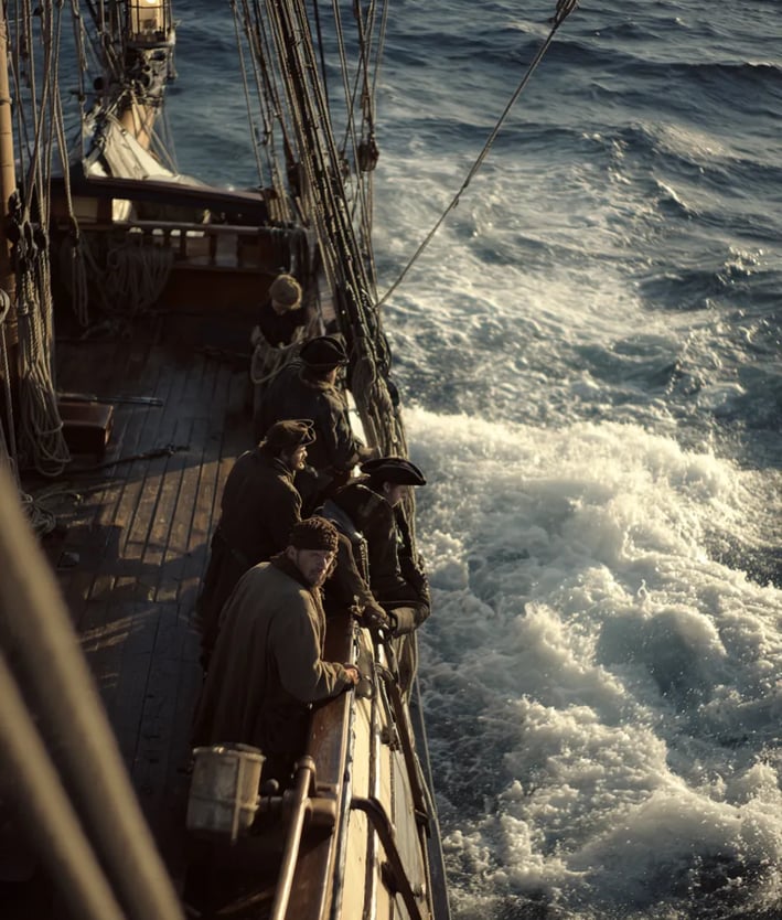silhouettes of sailors in tricorn hats stand at the rail tossing bound figures into the churning sea