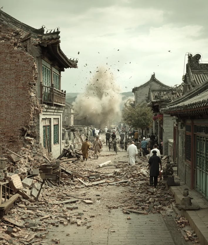 Beijing’s inner city: ground rumbles beneath worn brick narrow lanes as Ming-era courtyard houses