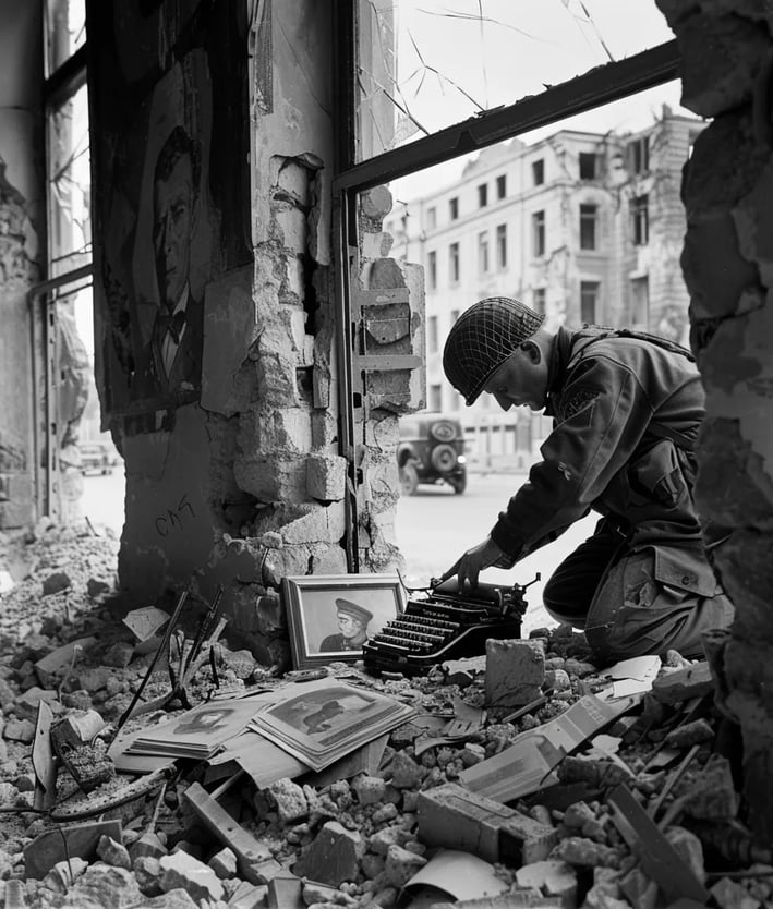 soldire kneeling, broken typewriter and scattered paper debris litter the floor