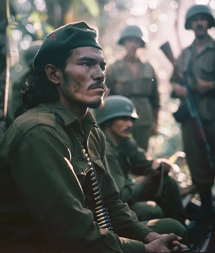 Che Guevara sitting handcuffed, his face weathered and defiant
