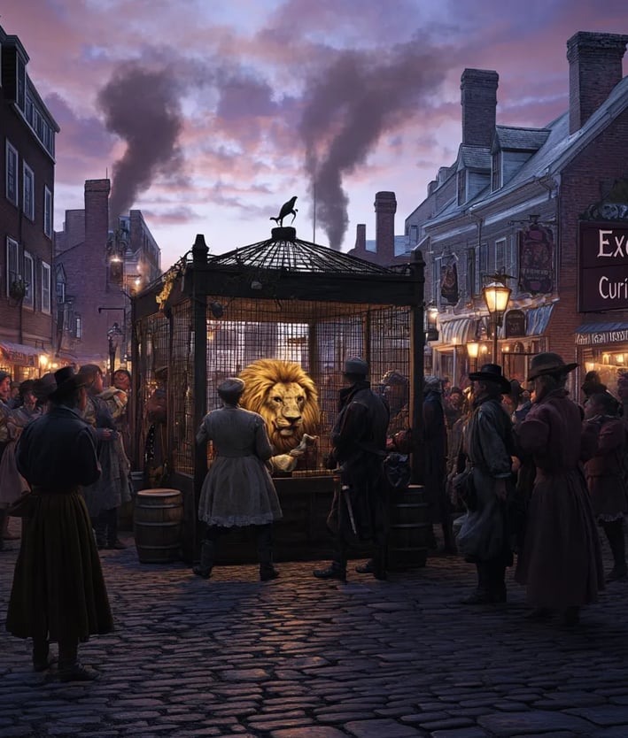rowd presses around a sturdy timber cage with iron straps holding a golden-maned lion
