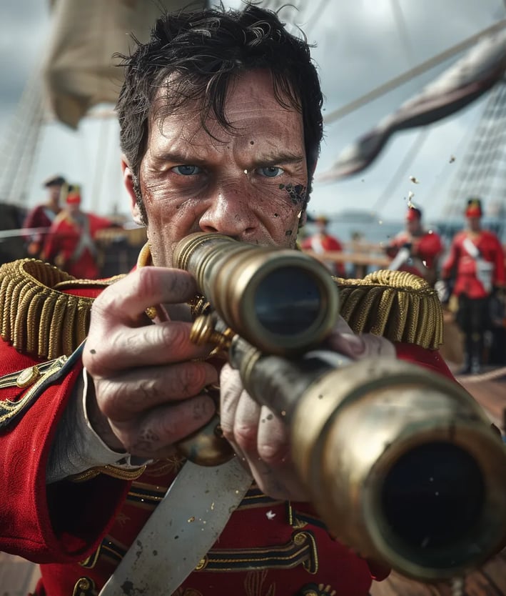  British naval officer gripping a brass telescope, observing the battle