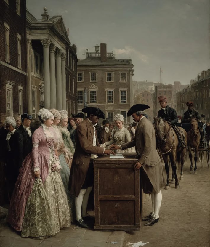 women in pastel brocade dresses, lace aprons, and silk‐tied bonnets, alongside free Black men in tai