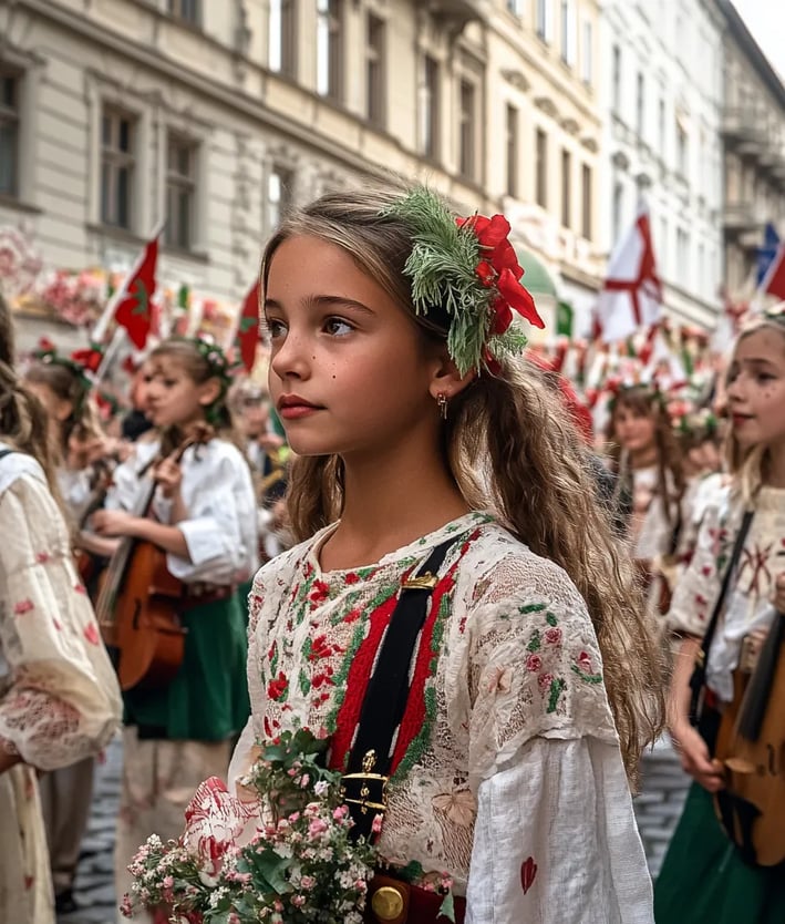 bustling square in Pest decorated with red and white banners, brass musicians playing