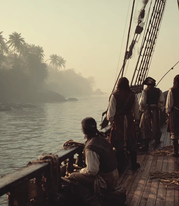 Blackbeard, hair braided with slow-burning fuses, stands on the quarterdeck of the captured vessel