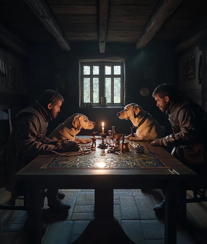 center of a small hall, the two dogs positioned side by side on a stained table