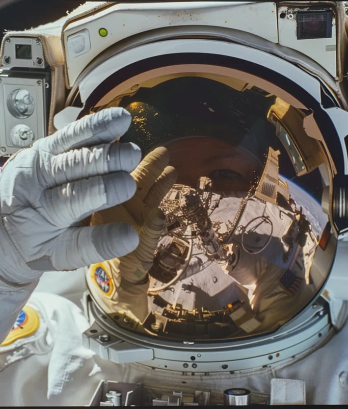 ullivan’s reflective helmet visor, showing the vastness of Earth mirrored in the glass