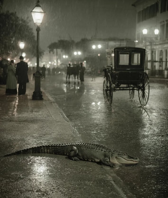 a juvenile alligator with olive-green scales and webbed feet plummets through a curtain of water