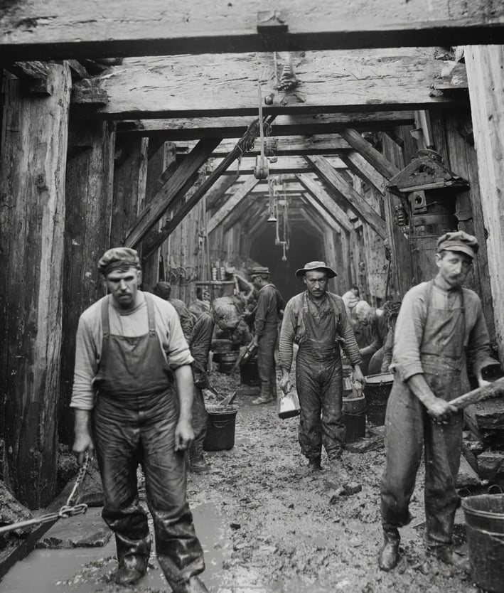 timber-lined cofferdam illuminated by kerosene lanterns, workers in suspenders and wool caps