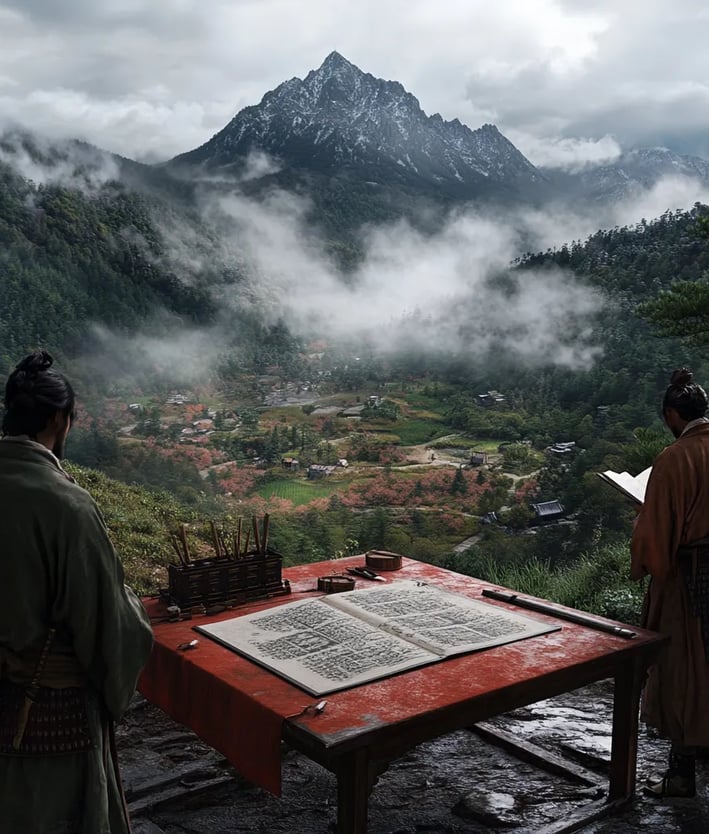 Clearing in the Yamashiro Basin, early surveyors placing bamboo markers across freshly plotted land