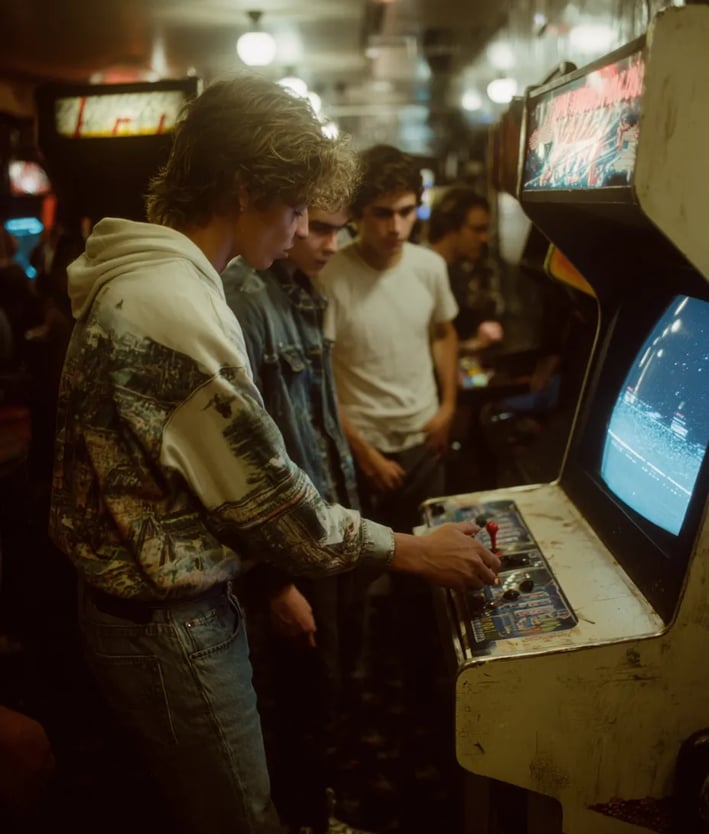 teenage player in a graphic-print shirt grips the joystick